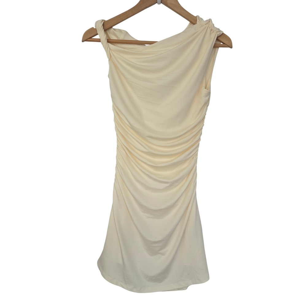 NIA Noa Ruched Mini Dress Asymmetrical‎ Bodycon Womens XS Butter Yellow NWT $78